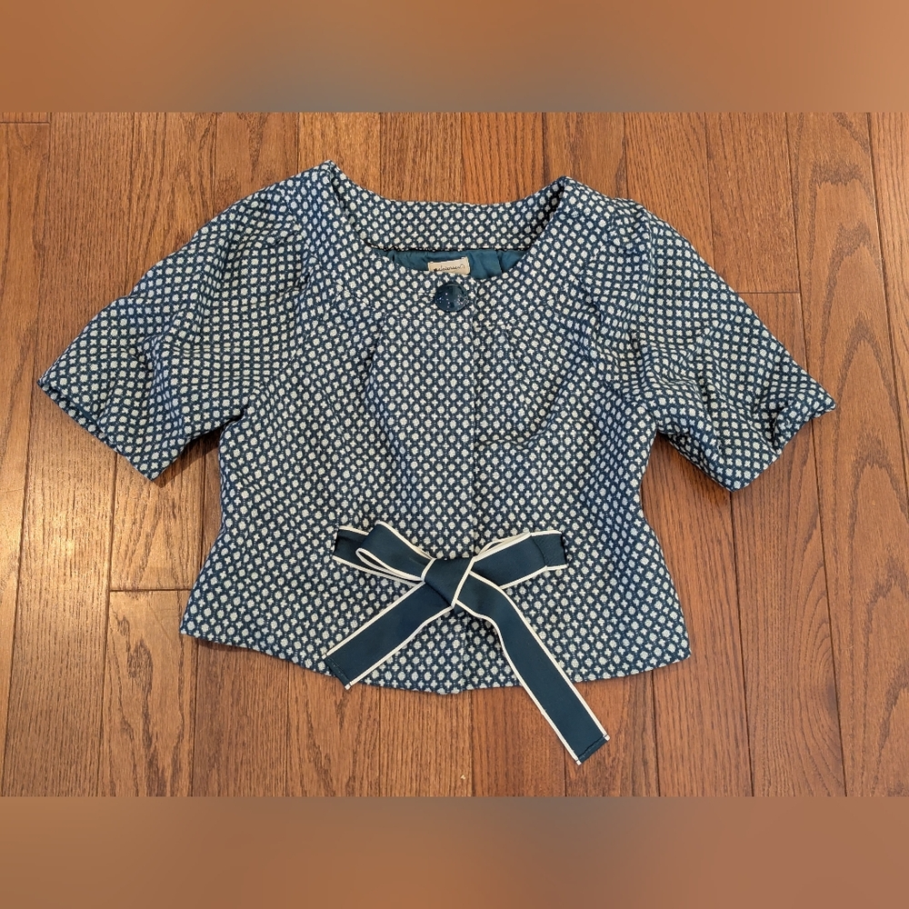 Anthropologie - Elevenses “Tea Cozy” Tweed Jacket Crop Short Sleeve Teal Size 4